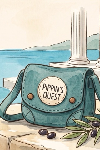 Pippin’s teal bag on a stone step by the sea, with Greek columns, olives and a clay pot