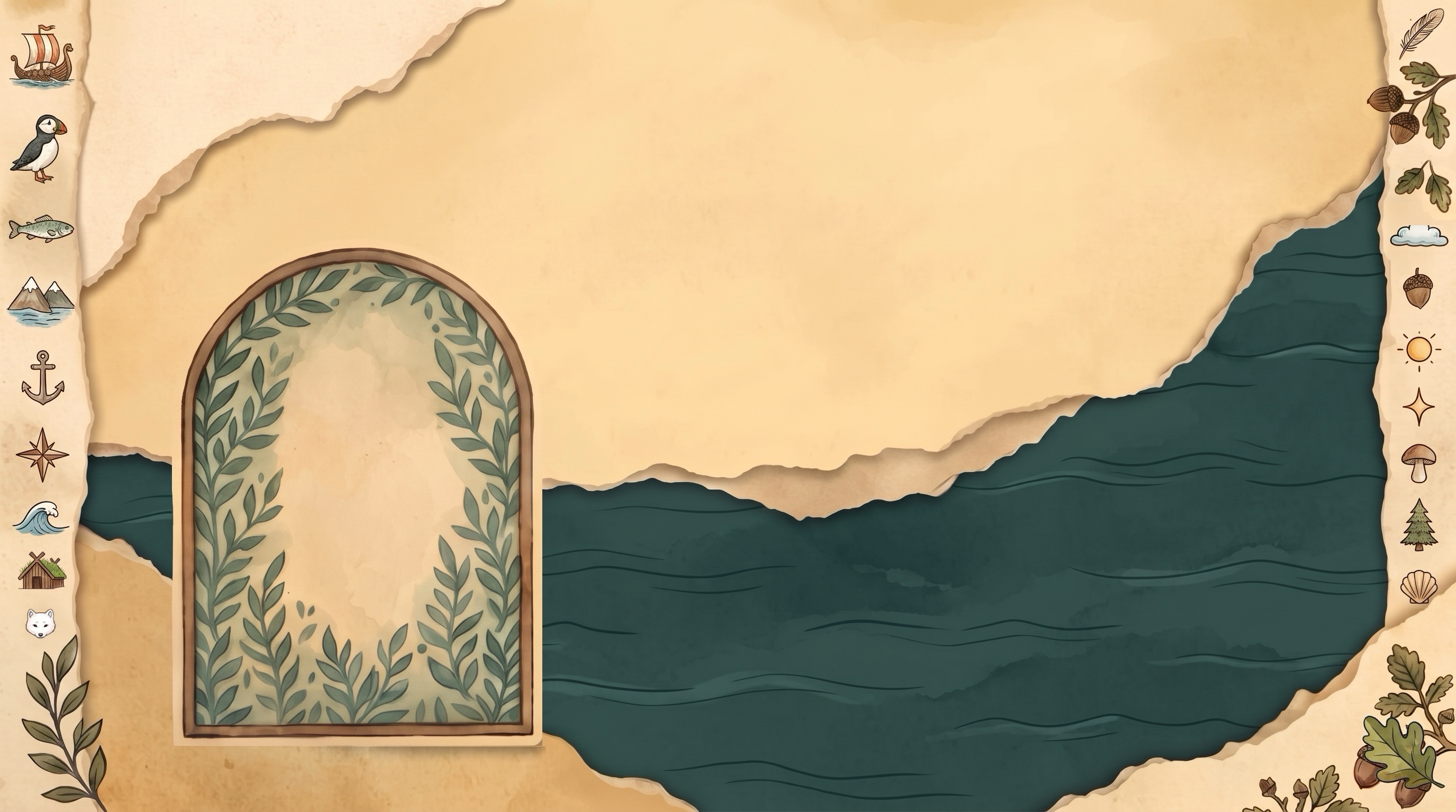 A leafy arch and torn parchment above a teal sea