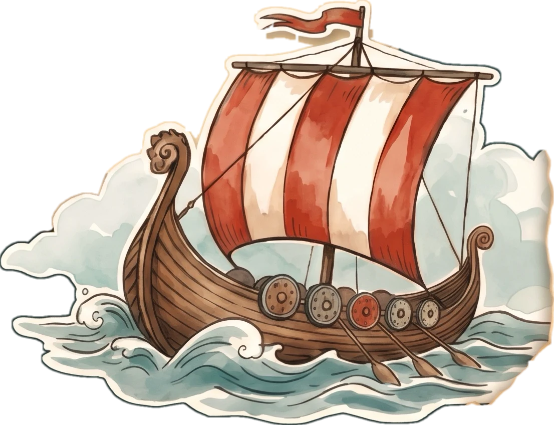 A Viking ship with a red and white sail