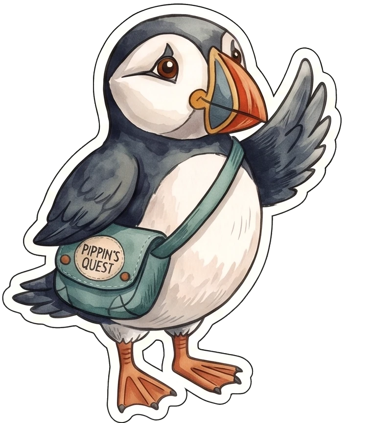 Pippin the puffin with his teal Pippin’s Quest bag
