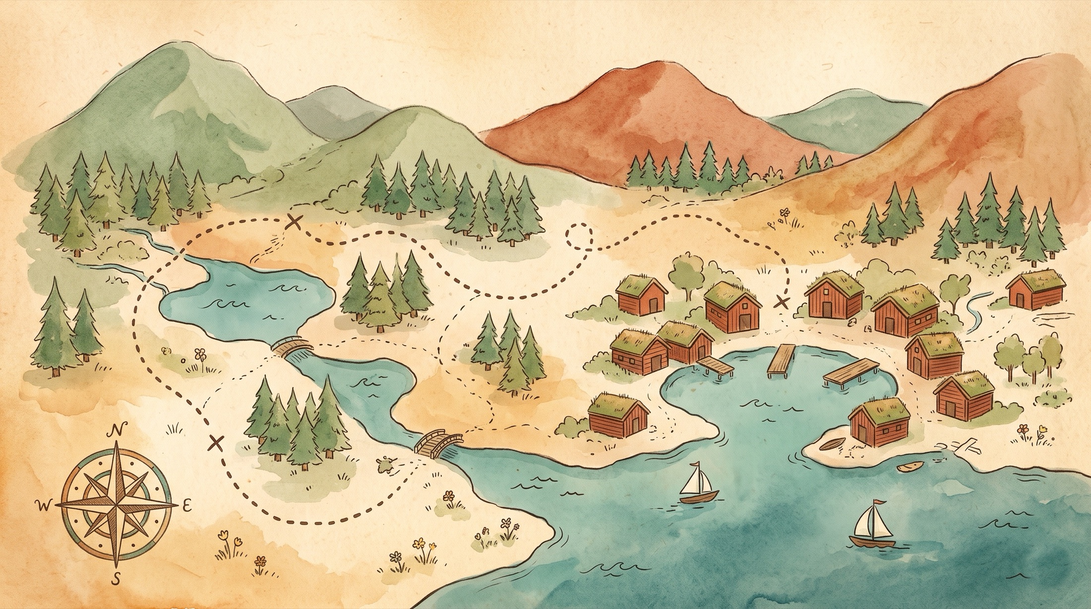 Watercolor map with mountains, forests, a lake, a village with grass-roof houses and sailing boats