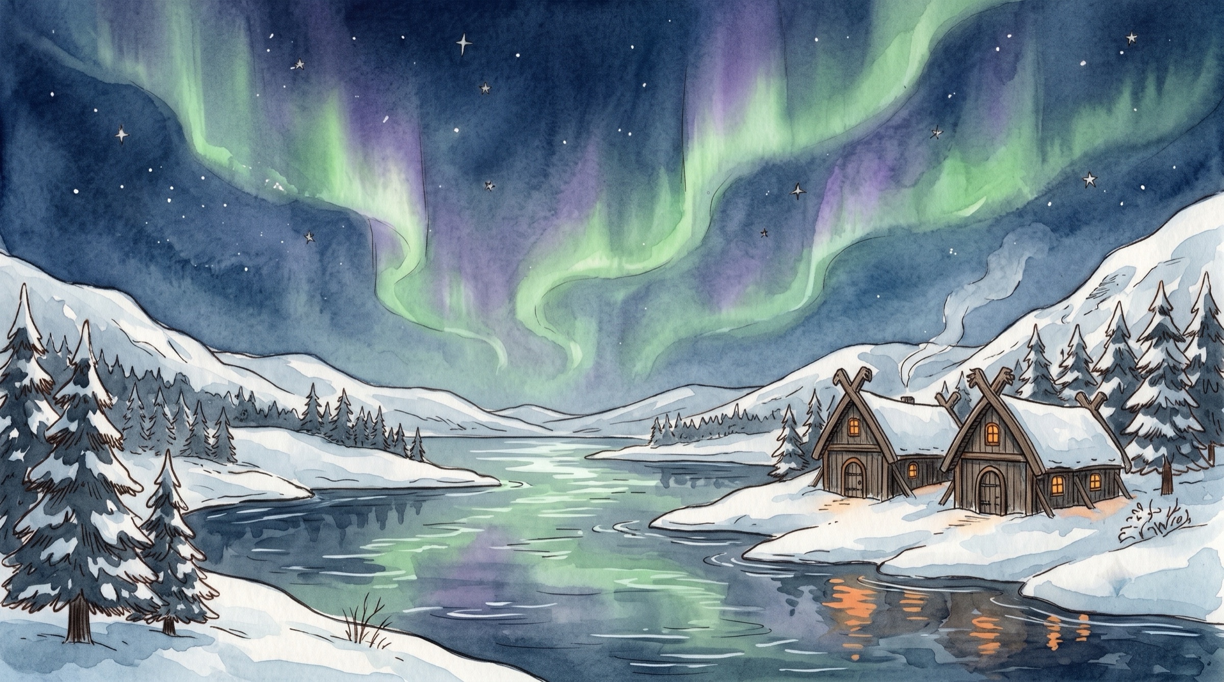 A snowy fjord at night under green and violet northern lights, with two wooden houses with warm windows.