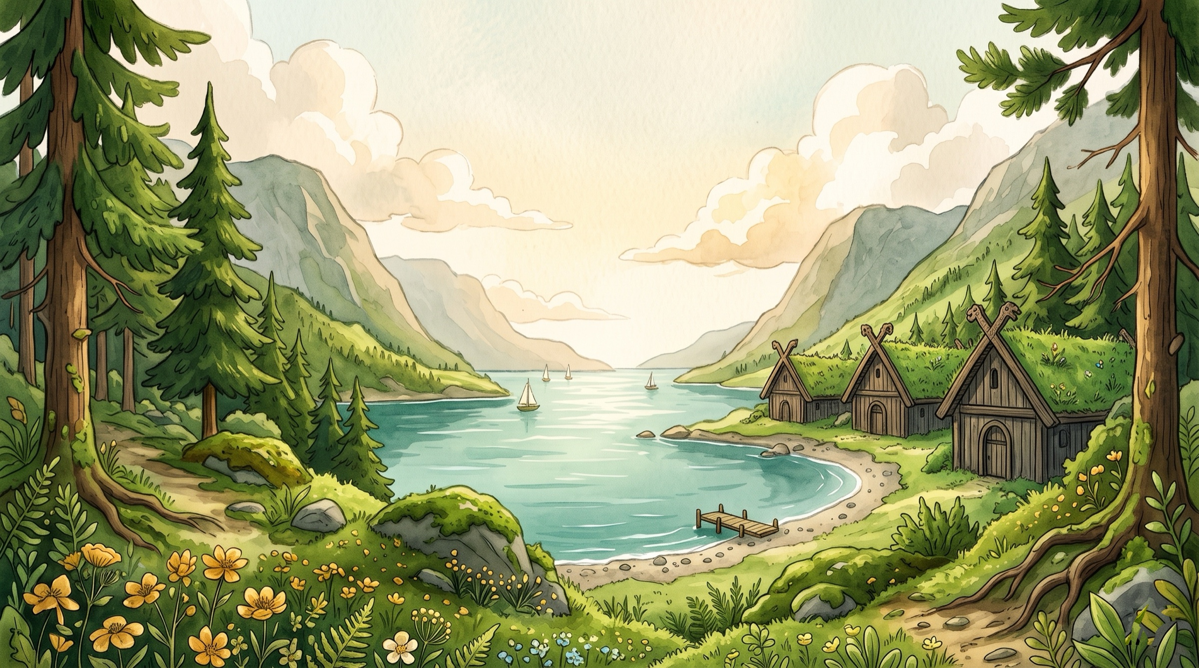 Watercolor fjord with pine forests, sailing boats and Viking houses with grass roofs