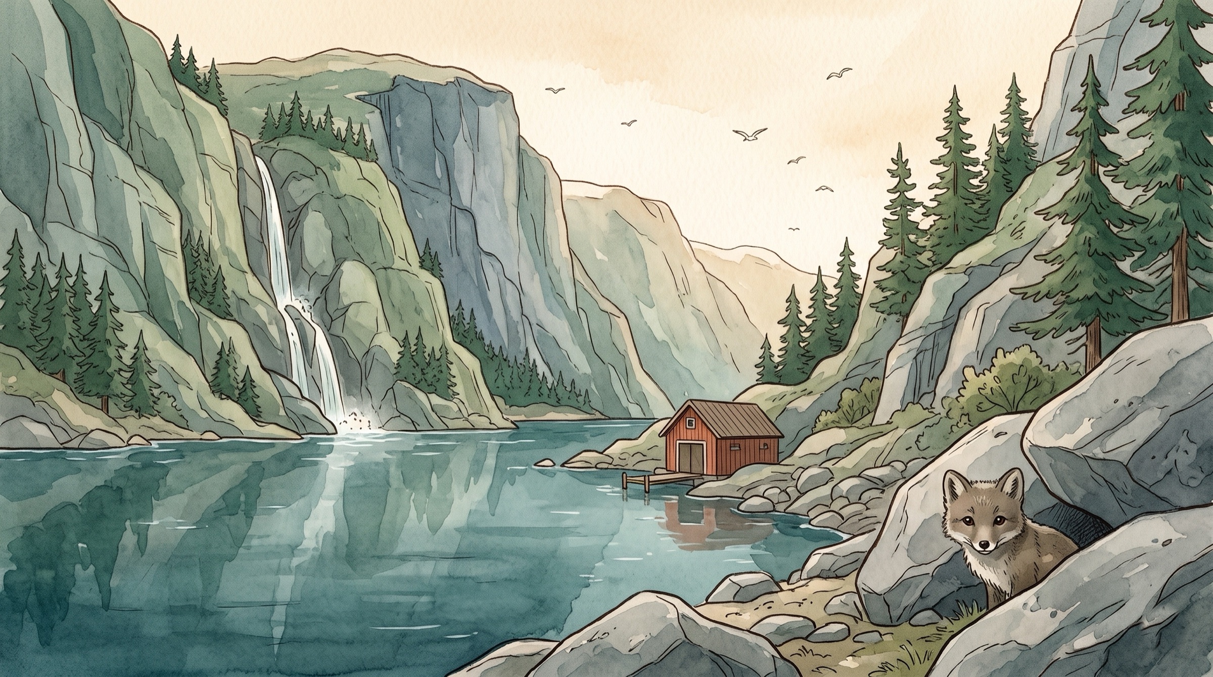 A Norwegian fjord with steep cliffs, a waterfall, pine trees and a red boathouse. An animal is hiding among the rocks.