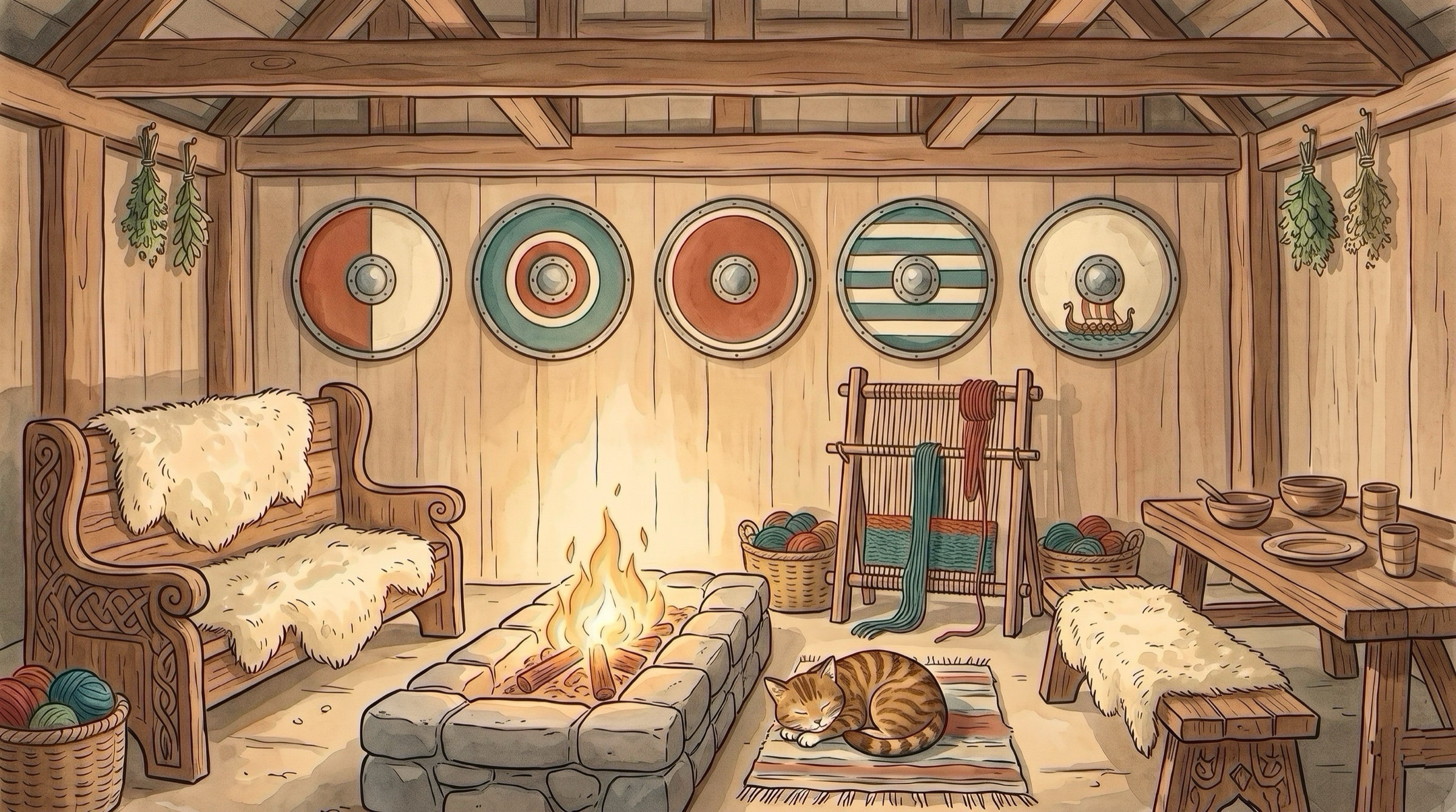 Inside a Viking longhouse: a stone hearth with a fire, benches with sheepskins, a loom, a sleeping cat and five round shields on the wall.
